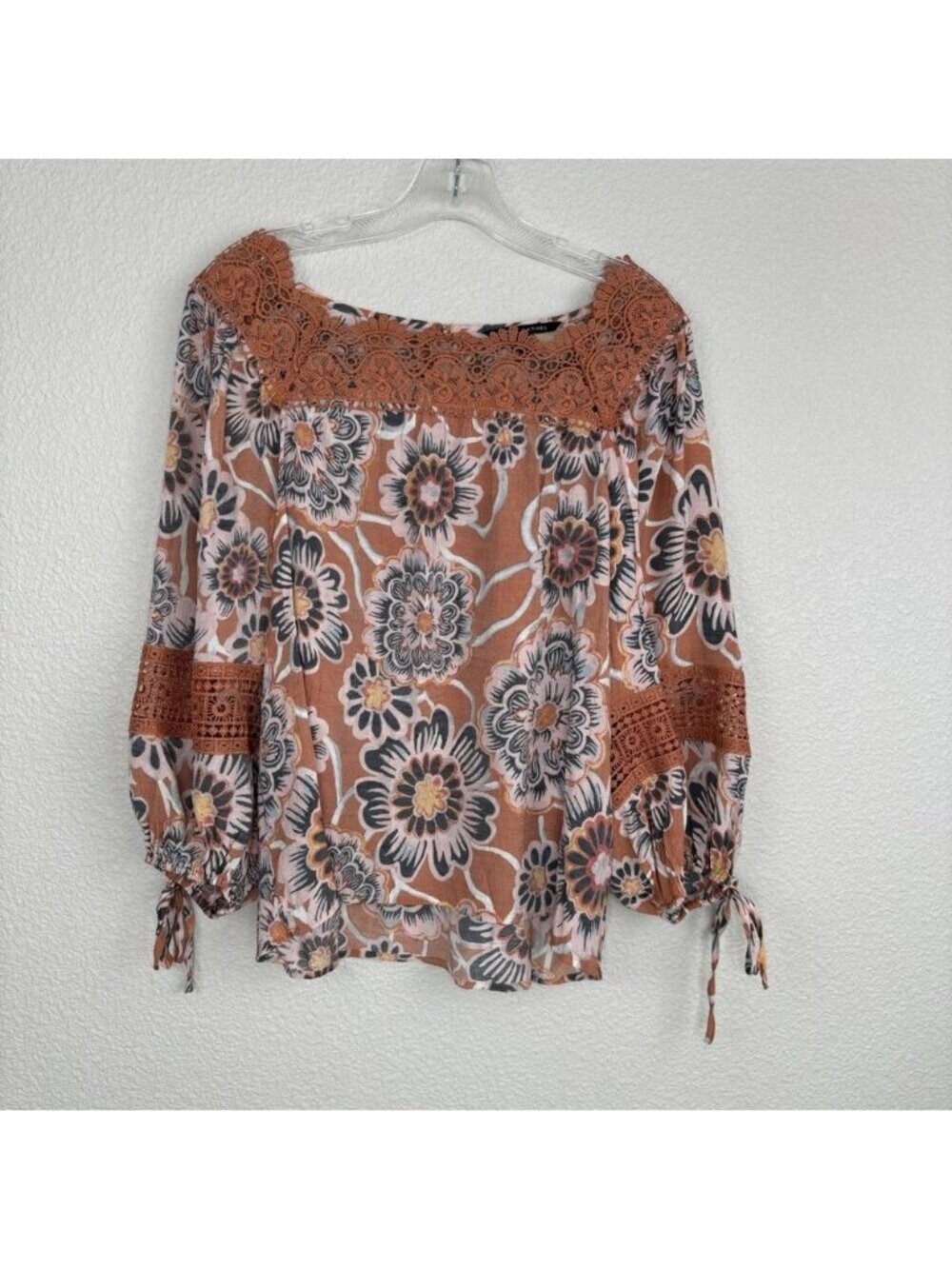 Womens Blouse Medium Floral Print Crochet Lace Top